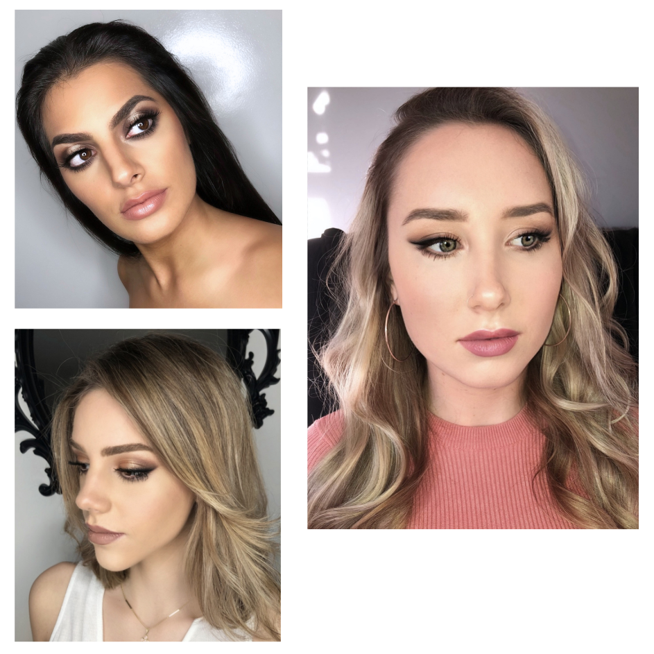 Three woman headshots with different makeup looks
