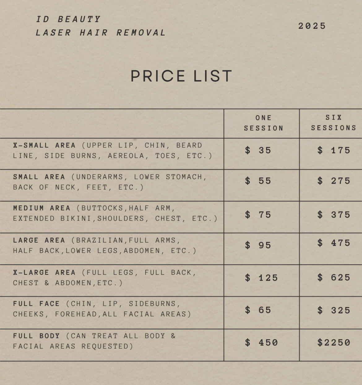 Laser Hair Removal Price List for ID Beauty in Kingston ON